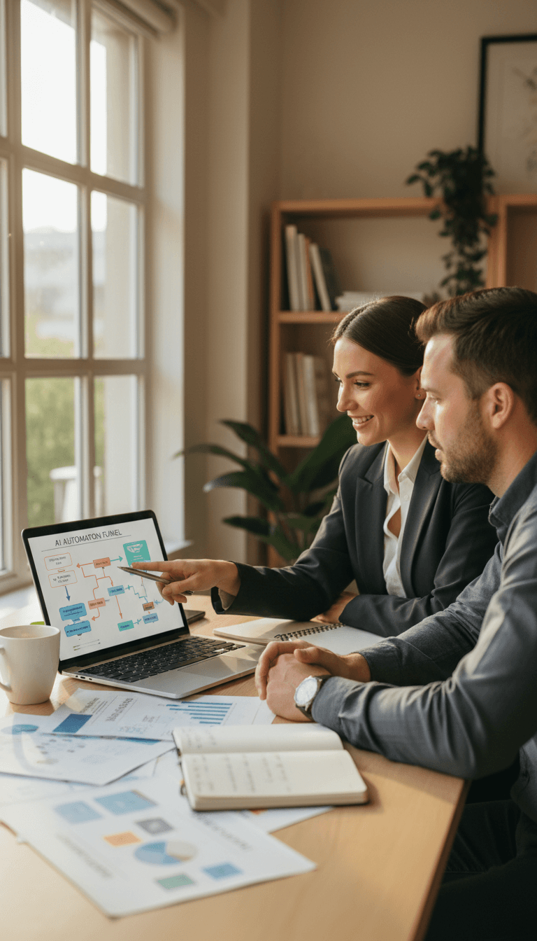 Matt Palmer consulting with a small business owner at a wooden desk, reviewing AI implementation plans together
